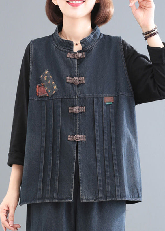 Blue Stand Collar Patchwork Denim Coat Sleeveless