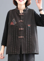 Blue Stand Collar Patchwork Denim Coat Sleeveless