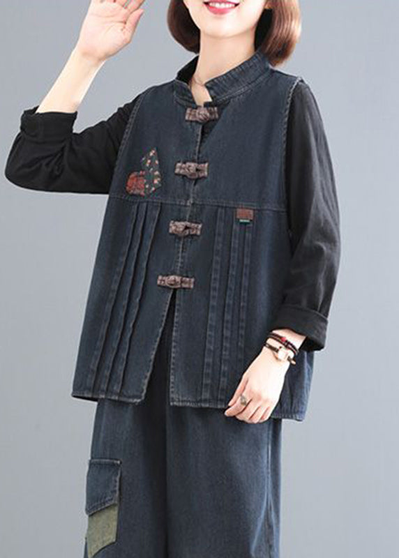 Blue Stand Collar Patchwork Denim Coat Sleeveless