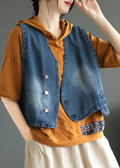 Blue V Neck Asymmetrical Denim Coats Sleeveless