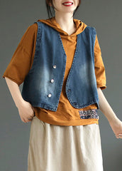 Blue V Neck Asymmetrical Denim Coats Sleeveless