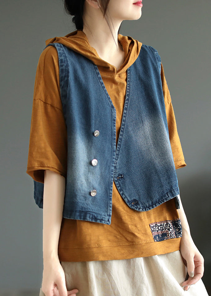 Blue V Neck Asymmetrical Denim Coats Sleeveless