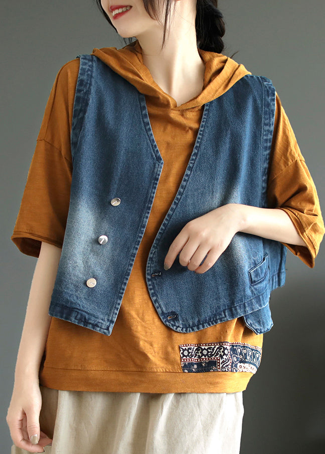 Blue V Neck Asymmetrical Denim Coats Sleeveless