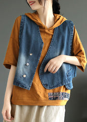 Blue V Neck Asymmetrical Denim Coats Sleeveless