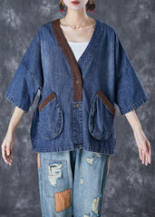 Blue V Neck Patchwork Pockets Denim Coats