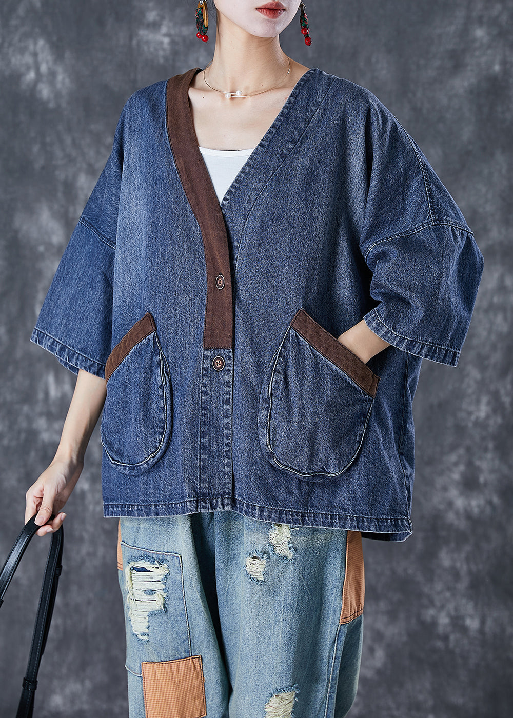 Blue V Neck Patchwork Pockets Denim Coats