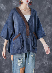 Blue V Neck Patchwork Pockets Denim Coats