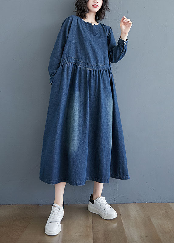 Blue V-Neck Pockets Wrinkled Patchwork Denim Dress Fall