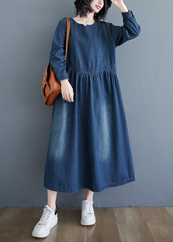 Blue V-Neck Pockets Wrinkled Patchwork Denim Dress Fall