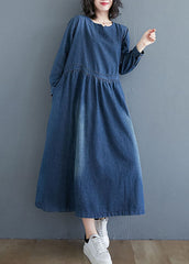 Blue V-Neck Pockets Wrinkled Patchwork Denim Dress Fall