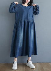 Blue V-Neck Pockets Wrinkled Patchwork Denim Dress Fall