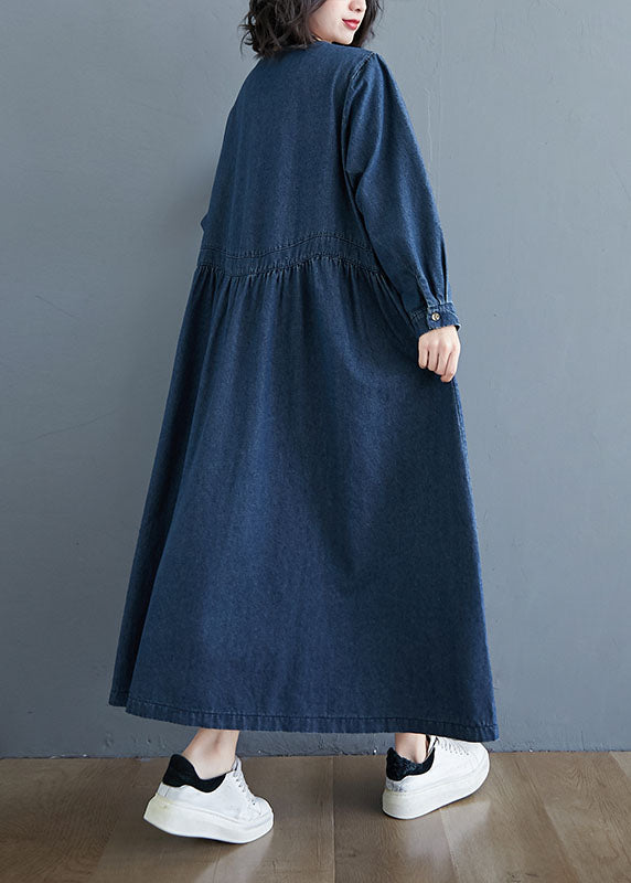 Blue V-Neck Pockets Wrinkled Patchwork Denim Dress Fall