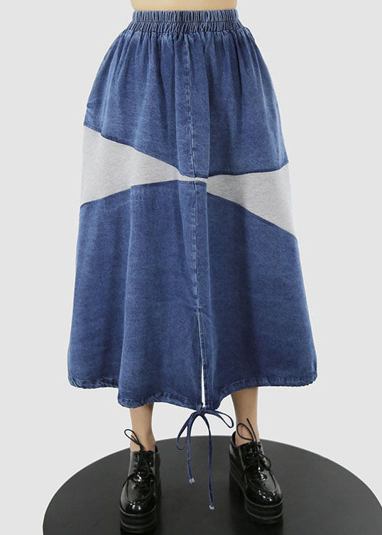 Blue white elastic waist drawstring Patchwork denim Skirt