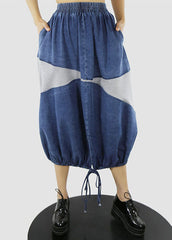 Blue white elastic waist drawstring Patchwork denim Skirt