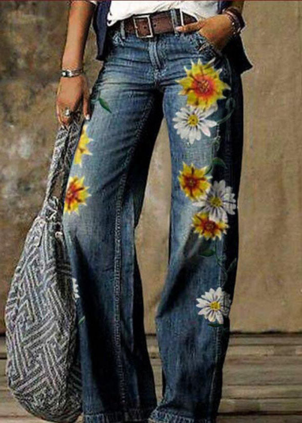 Daisy Print Pockets Patchwork Denim Straight Pants