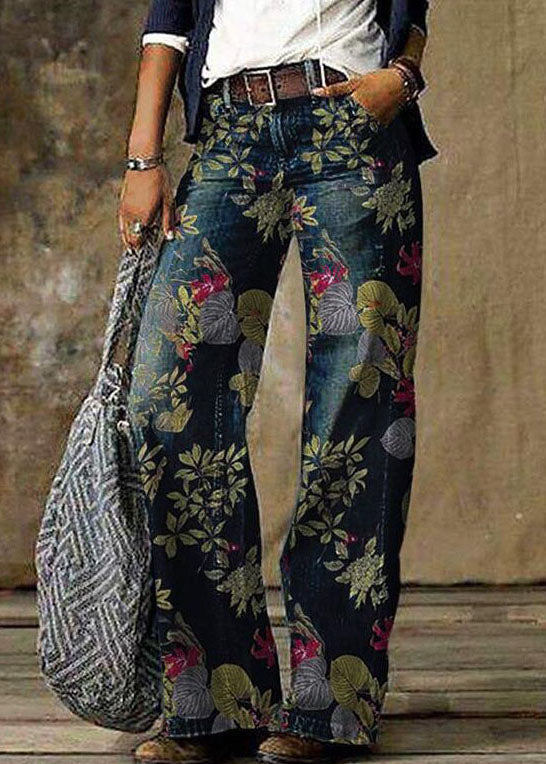 Daisy Print Pockets Patchwork Denim Straight Pants