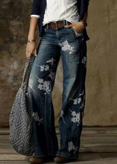 Daisy Print Pockets Patchwork Denim Straight Pants