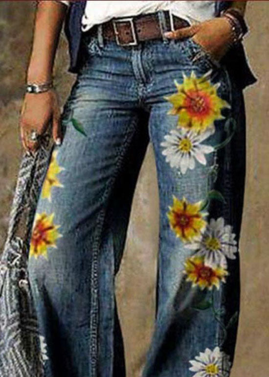 Daisy Print Pockets Patchwork Denim Straight Pants