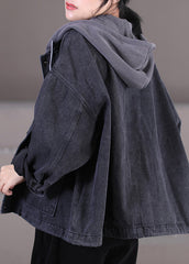 Dark Grey Drawstring Knit Patchwork Button Denim Hooded Coats Fall