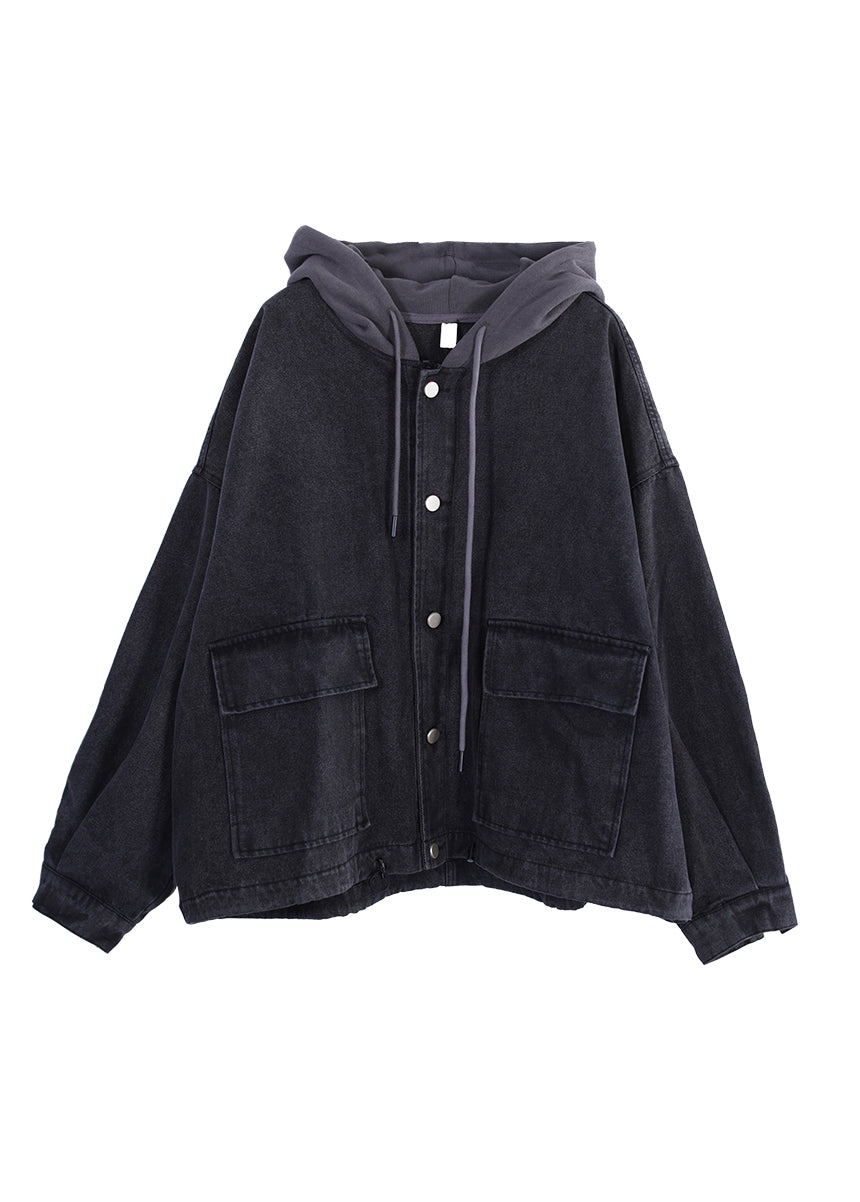 Dark Grey Drawstring Knit Patchwork Button Denim Hooded Coats Fall