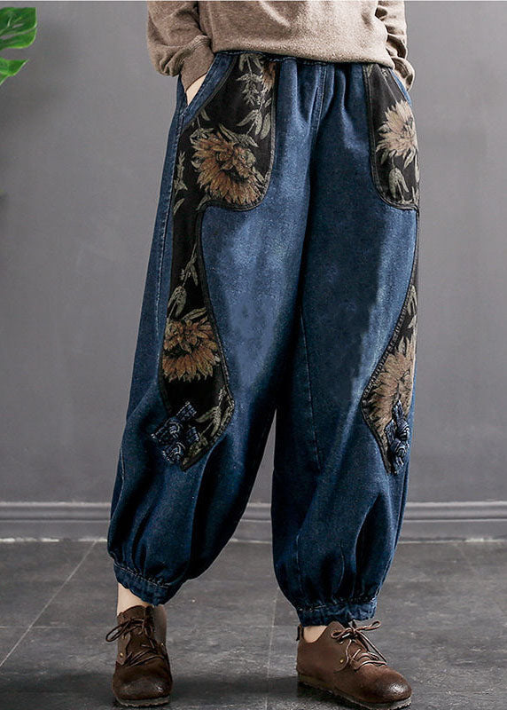 Denim Blue Elastic Waist Embroideried Pockets Cotton Harem Pants