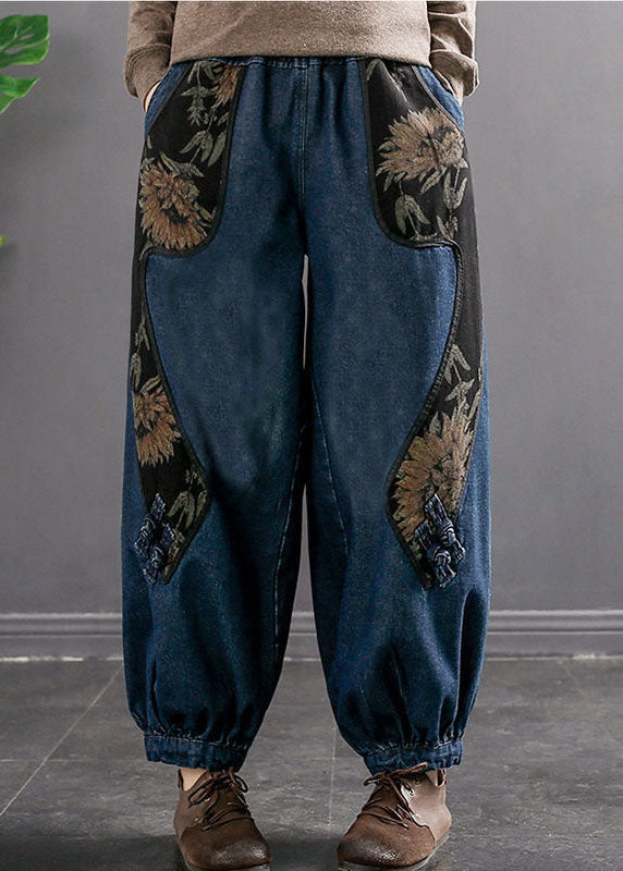 Denim Blue Elastic Waist Embroideried Pockets Cotton Harem Pants