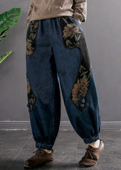 Denim Blue Elastic Waist Embroideried Pockets Cotton Harem Pants