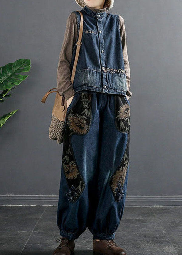 Denim Blue Elastic Waist Embroideried Pockets Cotton Harem Pants