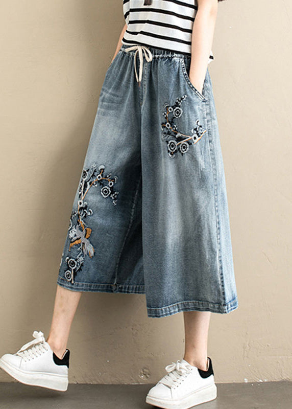 Denim Blue Embroideried Tie Waist Wide Leg Pants