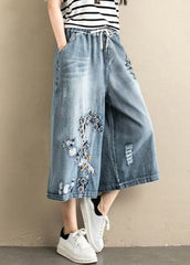 Denim Blue Embroideried Tie Waist Wide Leg Pants