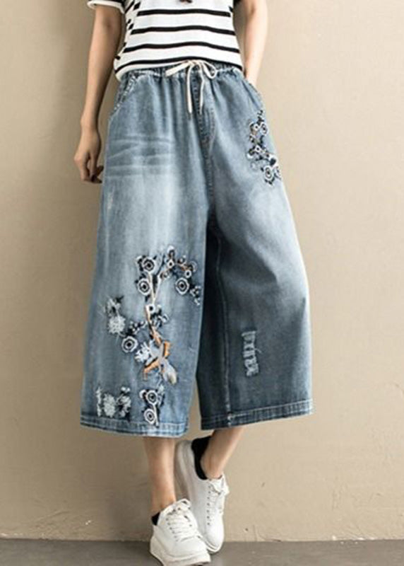 Denim Blue Embroideried Tie Waist Wide Leg Pants