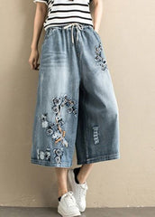 Denim Blue Embroideried Tie Waist Wide Leg Pants