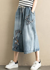 Denim Blue Embroideried Tie Waist Wide Leg Pants