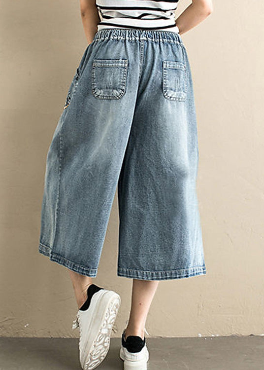 Denim Blue Embroideried Tie Waist Wide Leg Pants