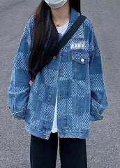 Denim Blue Peter Pan Collar Pockets Plaid Print Coat Long Sleeve