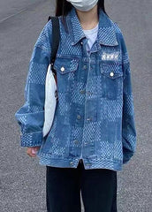 Denim Blue Peter Pan Collar Pockets Plaid Print Coat Long Sleeve