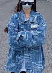 Denim Blue Peter Pan Collar Pockets Plaid Print Coat Long Sleeve