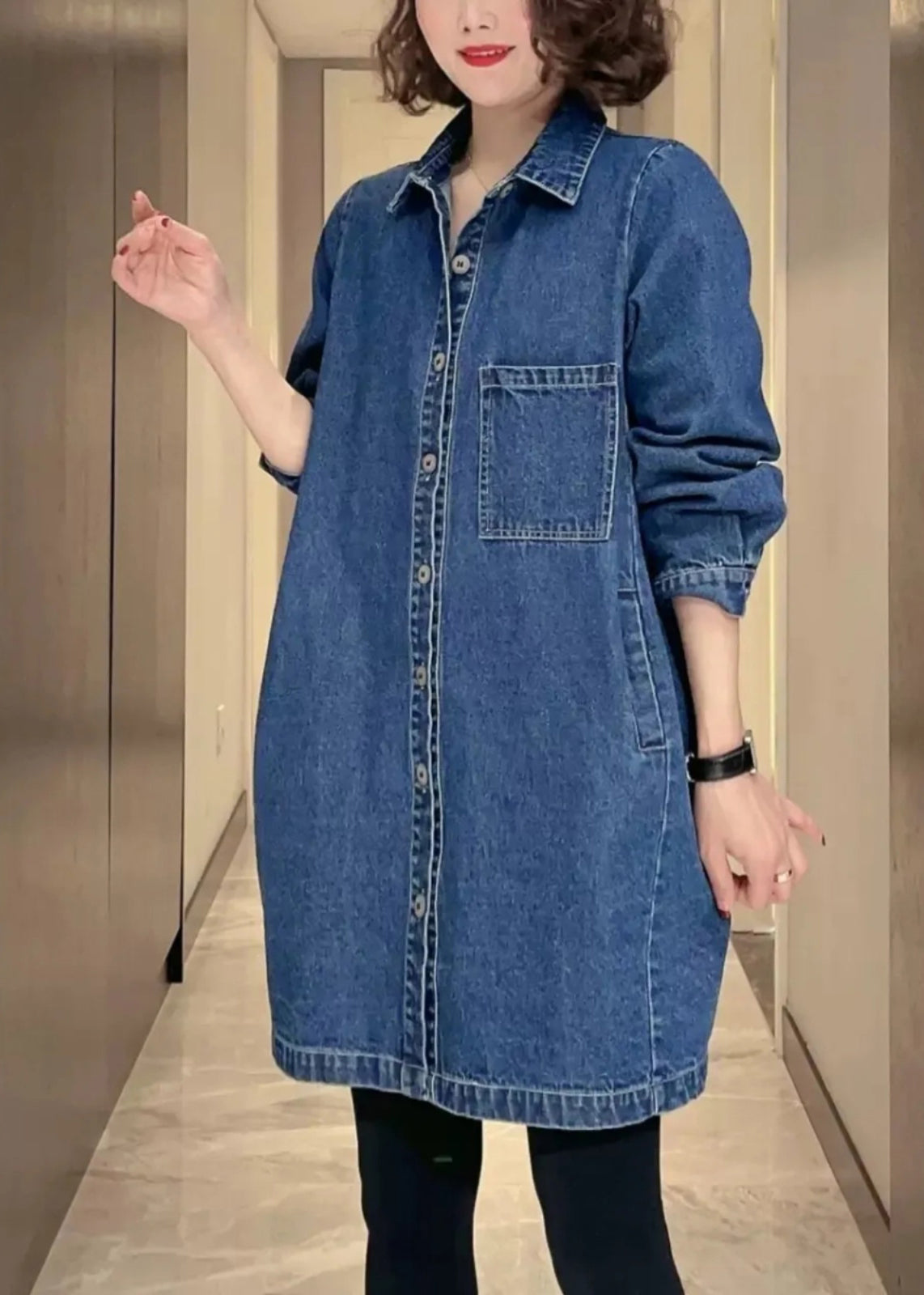 Denim Blue Pockets Patchwork Button Coat Fall