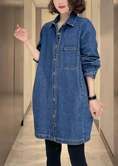 Denim Blue Pockets Patchwork Button Coat Fall