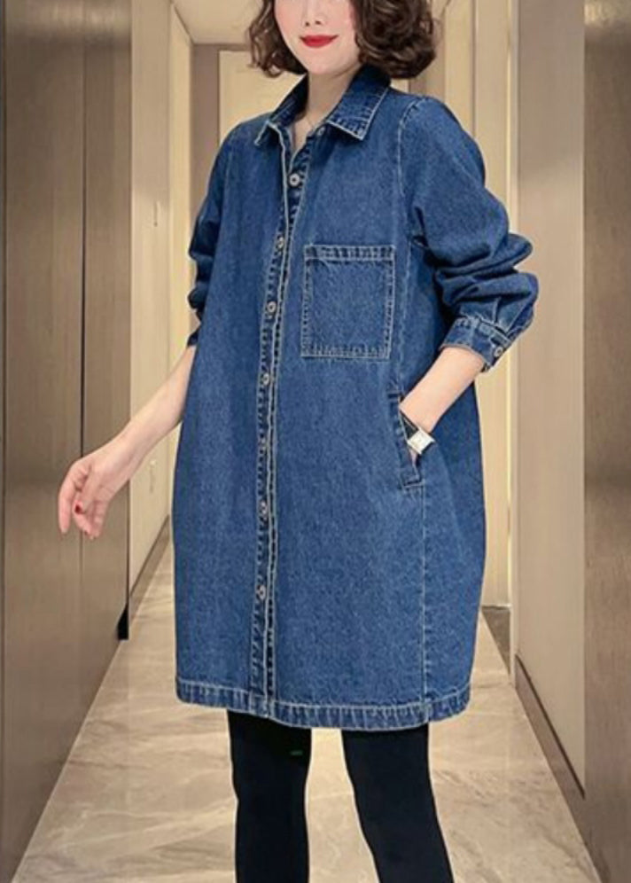 Denim Blue Pockets Patchwork Button Coat Fall