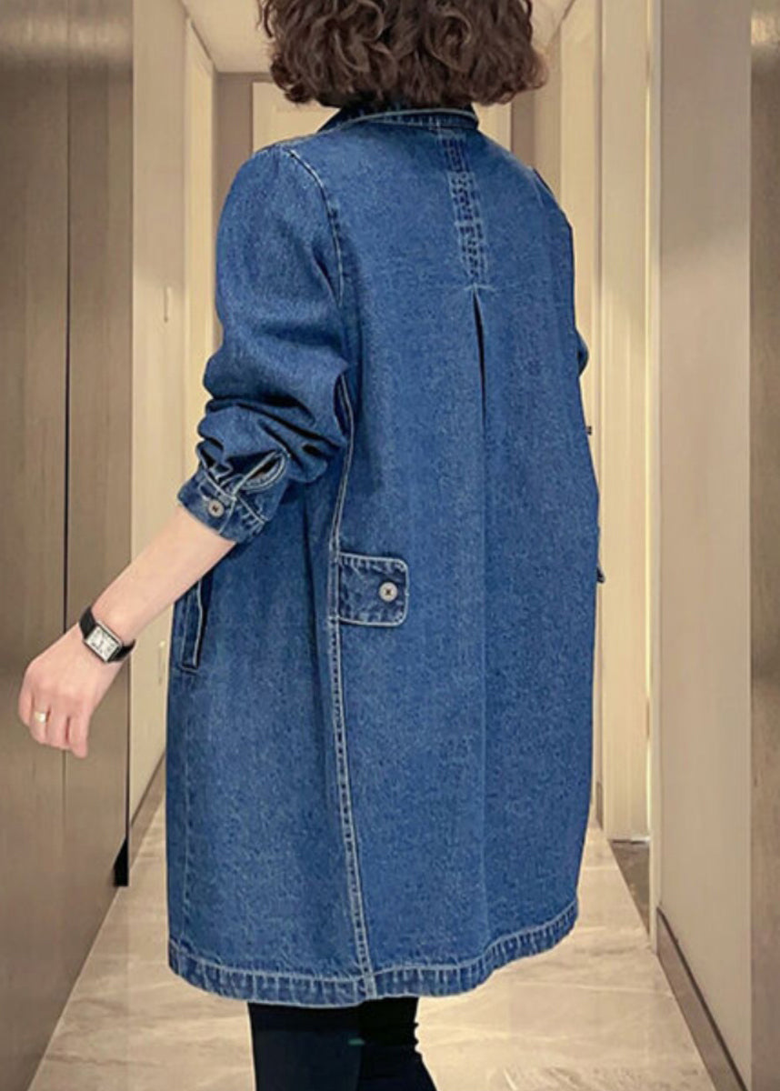 Denim Blue Pockets Patchwork Button Coat Fall