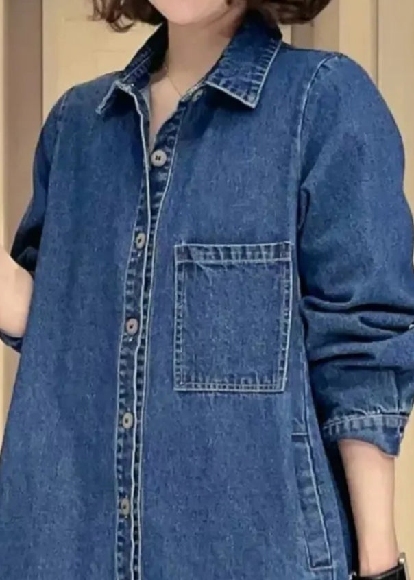 Denim Blue Pockets Patchwork Button Coat Fall