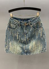 Denim Blue Pockets Patchwork High Waist Cotton A Line Skirt