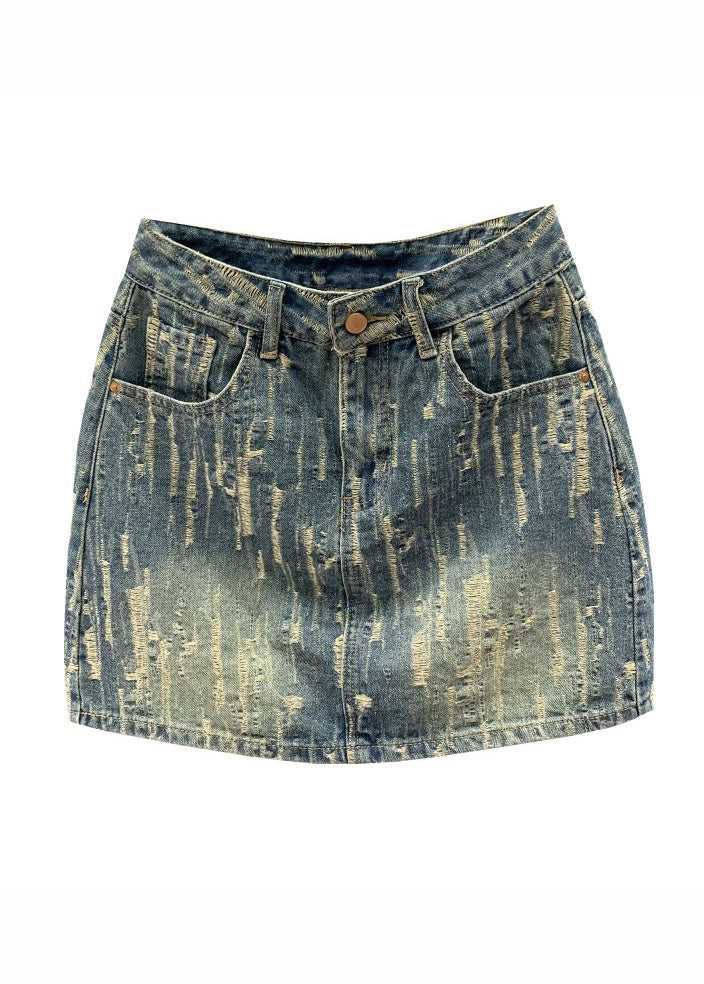 Denim Blue Pockets Patchwork High Waist Cotton A Line Skirt