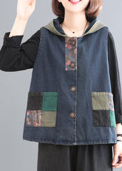 Denim Blue Print Patchwork Button Cotton Hooded Waistcoat Sleeveless