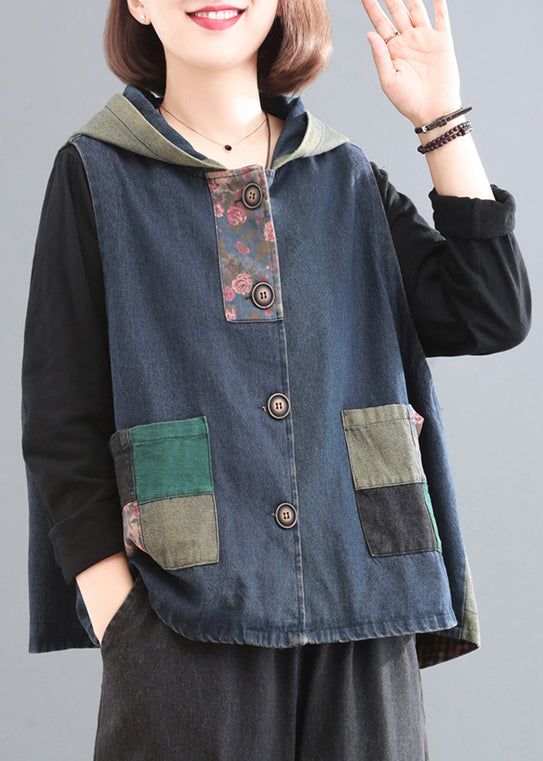 Denim Blue Print Patchwork Button Cotton Hooded Waistcoat Sleeveless