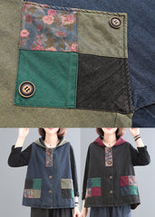 Denim Blue Print Patchwork Button Cotton Hooded Waistcoat Sleeveless