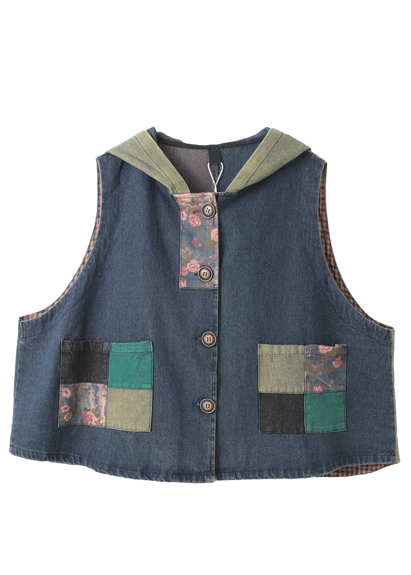 Denim Blue Print Patchwork Button Cotton Hooded Waistcoat Sleeveless