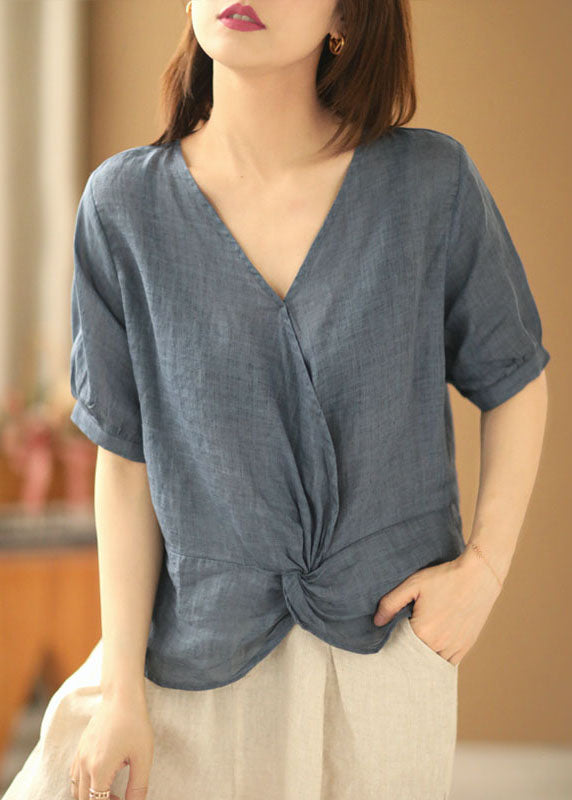 Denim Blue V Neck Asymmetrical Design Linen Blouses Short Sleeve