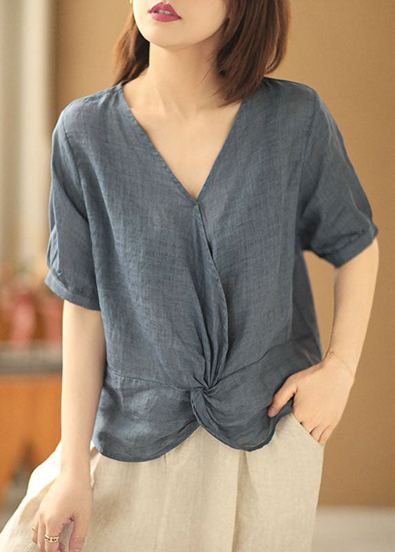 Denim Blue V Neck Asymmetrical Design Linen Blouses Short Sleeve